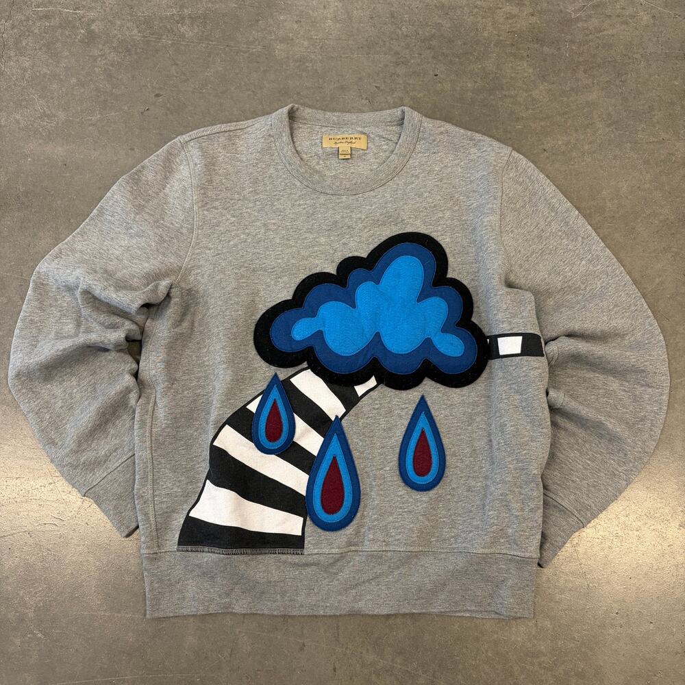 Vintage Y2k Burberry London Rainy Cloud Grey Crewneck Embroidered Sweater Medium - Picture 1 of 6